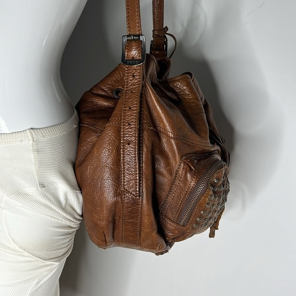 Frye Brooke Studded Drawstring Bucket Bag Purse Brown Leather Shoulder Bag - Picture 9 of 12